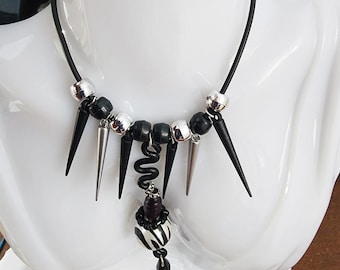 black wire BEADs black cord NECKLACE big bead pendant handmade artsy jewelry