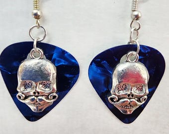 skull with mustache charm blue guitar pick earrings dangles handmade unisex music jewelry