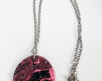 PINK AND BLACK flower clay circle pendant necklace abstract pattern  silver tone chain handmade jewelry