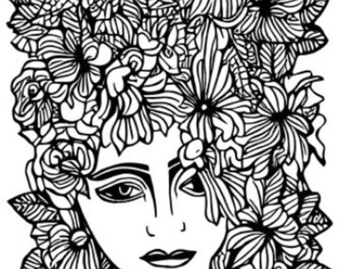 Featured listing image: abstract flower womans face Printable Adult Coloring Page Coloring book page for adults & kids Coloring sheet line art