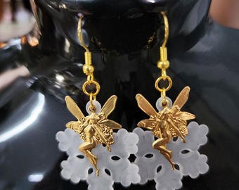 gold fairy earrings, white snowflake earrings, charm earrings, dangles, handmade, fantasy fairytale jewelry