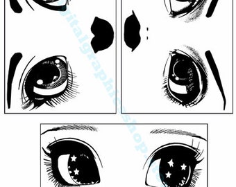 big eye doll faces original art small printable prints collage sheet instant download  munecas digital art