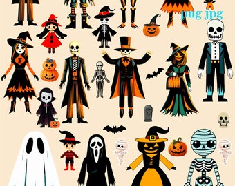 Halloween clipart collage sheet monsters pumpkins cut outs Png jpg printable instant digital download