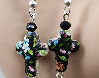 porcelain ceramic floral cross  earrings, long bead drop dangles handmade jewelry