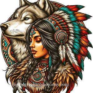 May include: A colorful illustration of a Native American woman wearing a headdress with feathers and a wolf beside her. The woman has long dark hair and is wearing a beaded necklace. The wolf is gray and white and has blue eyes.