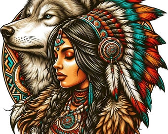 Native American Kickapoo Indian lady with wolf png clipart, jpg pdf animal nature art COLOR ILLUSTRATION art digital print download