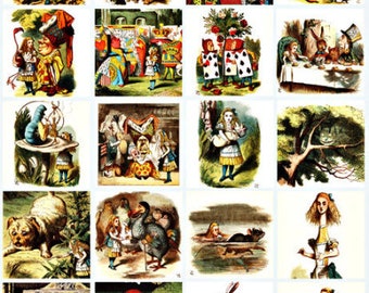 antique alices adventures in wonderland art, clipart, digital print, instant download, collage sheet 2 inch squares, scrapbooking