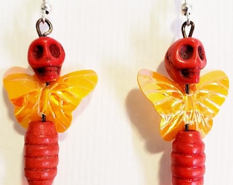 red sugar skull bead drop earrings, butterfly skulls, orange day of the dead, handmade jewelry, goth, punk