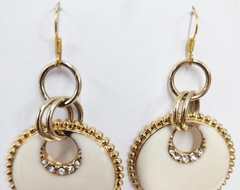 white enamel crystal hoop earrings dangles handmade jewelry