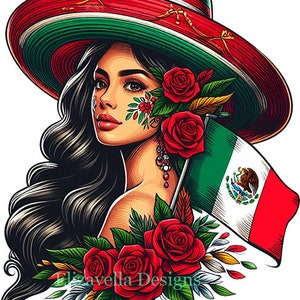 Peut inclure: Une femme aux longs cheveux noirs porte un sombrero rouge, blanc et vert. Elle a des roses rouges dans les cheveux et sur la joue. Elle tient un drapeau mexicain avec un aigle stylisé. L'arrière-plan est blanc.