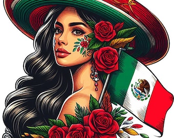 Mexican lady Mexico flag png clipart, woman wearing sombrero hat png jpg printable COLOR ILLUSTRATION art digital download