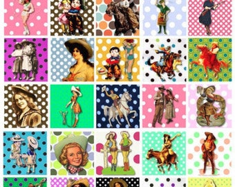 cowgirls, cowboys, country western art, digital collage sheet, 1.5 inch squares, polka dots, clipart, instant download, rodeo, horses,