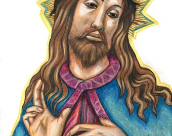 Jesus Christ art original colored pencil drawing, religious artwork, christian, spiritual Elizavella