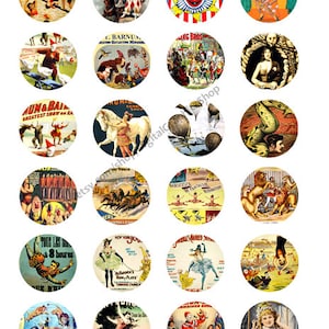 vintage circus posters, clipart, digital collage sheet, instant download, 1.5 inch circles, carnival images, craft printables