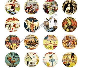 vintage circus posters, clipart, digital collage sheet, instant download, 1.5 inch circles, carnival images, craft printables