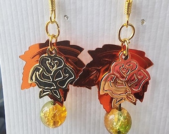 orange copper sequin leaf earrings, glass bead drop earrings, rose charms dangles handmade jewelry