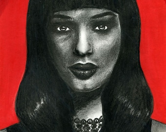 exotic brunette woman face portrait original ink pencil drawing dimple chin red and black artwork