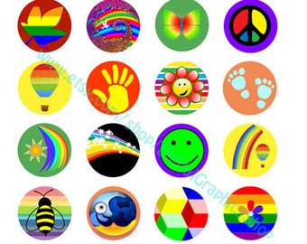 60s 80s colorful rainbow icons, collage sheet, clipart, digital collage sheet, instant download, 1.5 inch circles, printables
