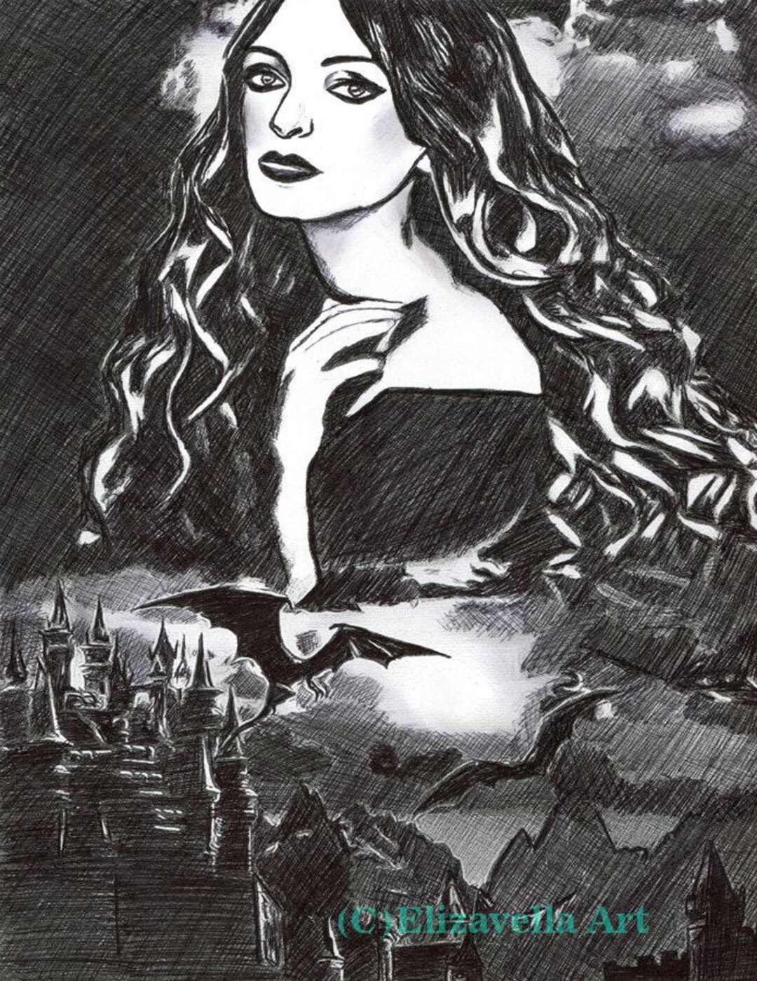 Vampire Robe Drawing Vampire Woman Original Art Drawing Fantasy Dark Art Countess Castle ...