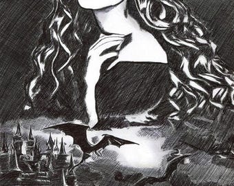 vampire woman original art drawing fantasy dark art Countess castle dragon night sky pen ink horror