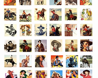 cowgirls, cowboys, vintage country western art, digital collage sheet, 1 inch squares, clipart, instant download, rodeo, printable images