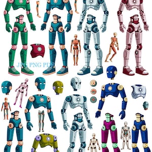 May include: A set of digital clipart images featuring a robot with interchangeable parts. The robot is shown in various colors, including green, blue, white, red, and purple. The robot has a variety of body parts, including a head, torso, arms, and legs. The robot is shown in various poses, including standing, sitting, and lying down. The clipart images are perfect for use in digital projects, such as websites, social media, and presentations.