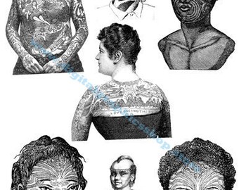 people with tattoos illustrations, tribal, printable art, collage sheet, digital print, vintage instant download, men women portrait