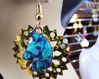 blue unicorn horse charms earrings gold sequins dangles sparkly jewelry
