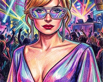 woman at rave party original art print colored pencil drawing 8.5x11 inch pop portrait artwork