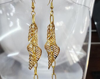 metal gold abstract red glass bead drop earrings, long dangles, handmade jewelry