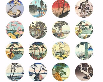 trees, landscape, printable collage sheet, japanese woodblocks art, clipart, digital print, instant download 1.5" inch circles images