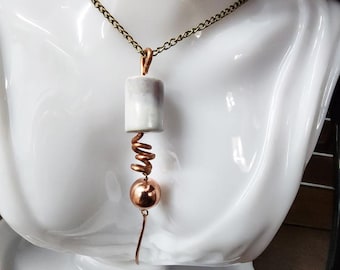 copper wire ceramic bead NECKLACE bronze long chain handmade jewelry