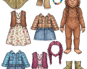 Original female Bigfoot Sasquatch paper doll download Digital Printable Sheet cryptids paper toys