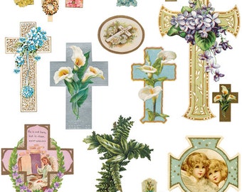 Vintage floral crosses collage sheet printable die cuts flower cross art clipart digital print