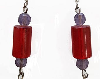 silver heart earrings long drop dangle beads red purple glass beaded handmade jewelry