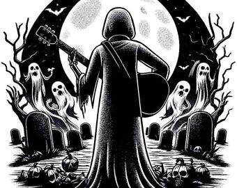 ghost playing guitar in graveyard png download clipart dark art horror ink illustration printable art