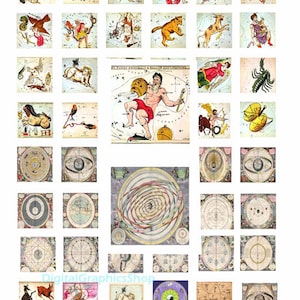 Vintage Sternzeichen astrologische Karten Kunst sofortiger download 2,5 cm Quadrate Clipart digitale Collage Bogen Printables