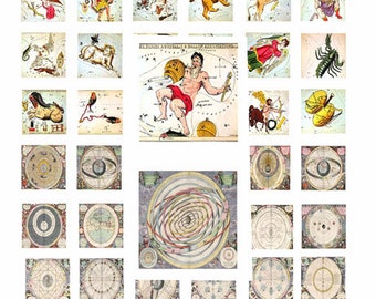vintage zodiac signs astrological charts art instant download 1" inch squares clipart digital collage sheet printables