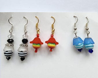 bead drop dangle earrings lot striped flower handmade jewelry black red blue