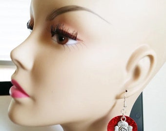 silver flower charm earrings, red earrings, dangle drops, sequins, handmade jewelry, sparkly glittery