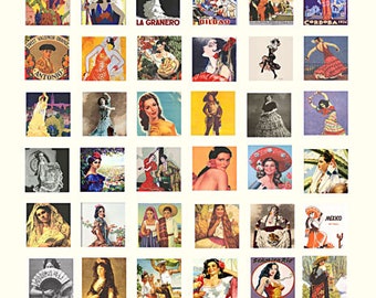vintage senoritas, mexican, spanish women, printable digital collage sheet, clipart instant download 1 inch squares for jewelry pendants