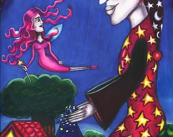 fantasy original art print tooth fairy and sandman , the night shift, village houses, fairytale art, original whimsical drawing,