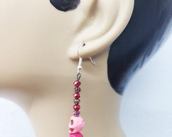 pink and red sugar skull earrings skull bead drops long glass bead dangles day of the dead handmade jewelry