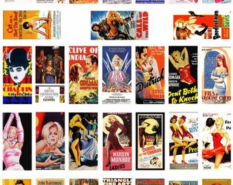 vintage movie posters domino collage sheet stars pinups digital download  1" x 2" inch printables
