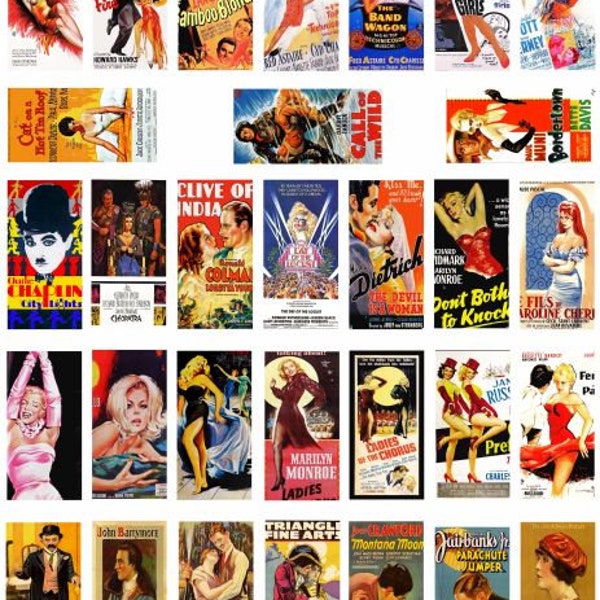 vintage movie posters domino collage sheet stars pinups digital download  1" x 2" inch domino graphics vintage images printables