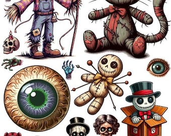 spooky evil toys dolls digital clipart set collage sheet png jpg printable art illustrations digital download
