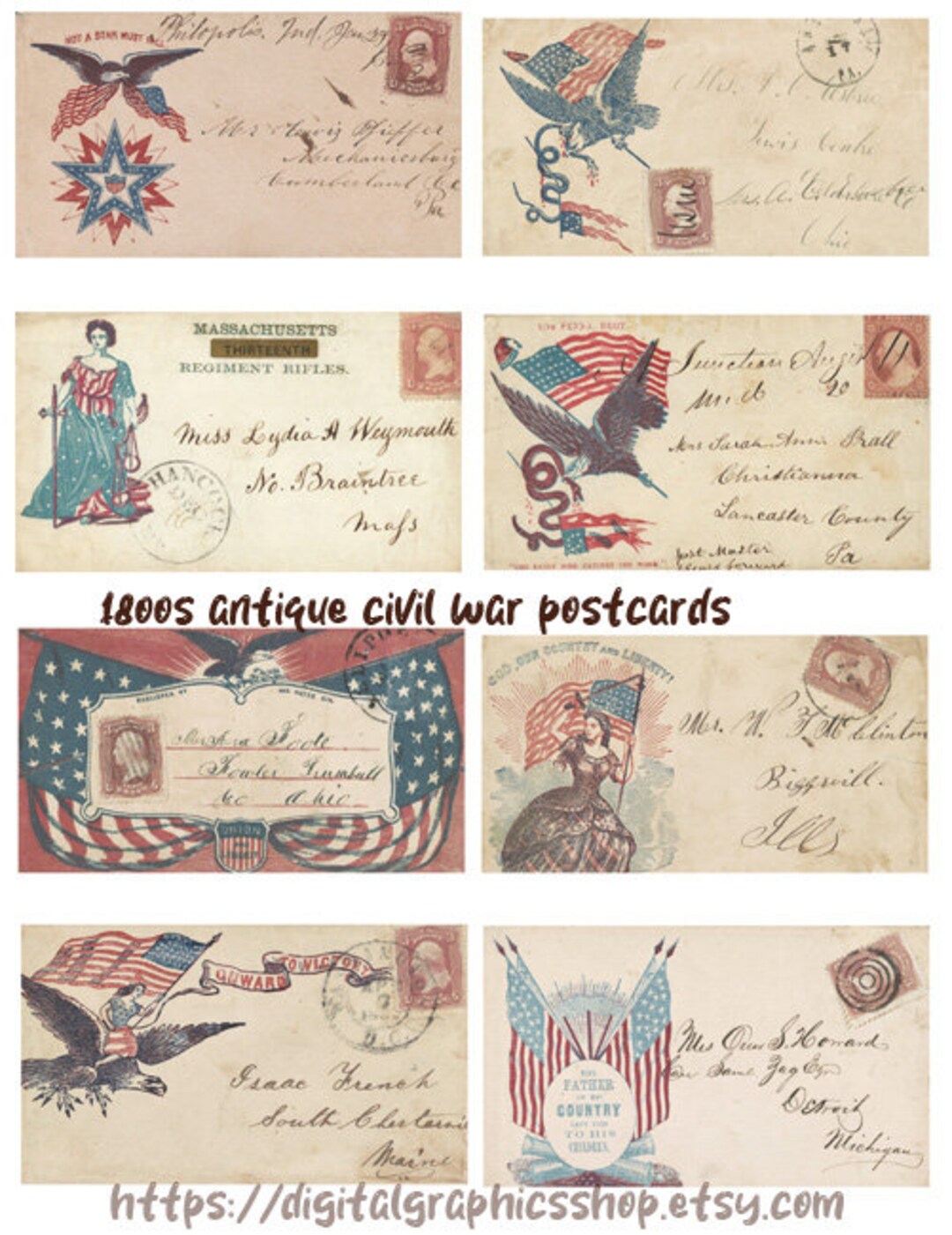 1800s Civil War Postcards Vintage Ephemera- Digital Papers - INSTANT ...