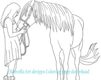 Girl with Horse Digital Coloring page, JPG PDF Printable,  Instant download, Country western Art,