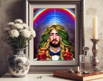 beautiful rainbow long hair hippie man with beard fantasy bohemian male portrait original art digital painting