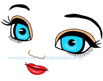 pretty doll face svg Big blue eyes lips printable art clipart png jpg digital download image cut out muñeca png